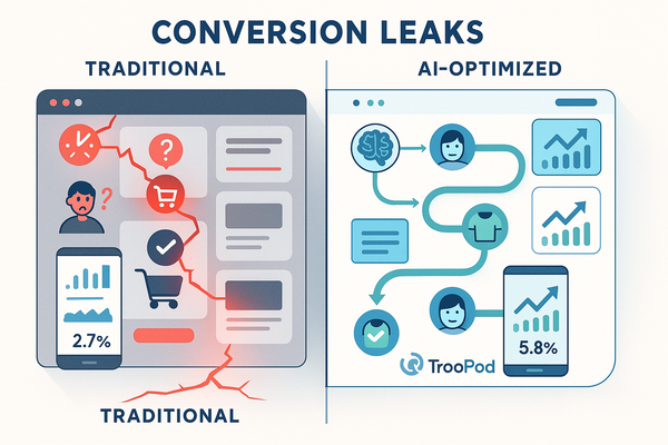 Comparison of traditional vs AI-optimized ecommerce: red conversion leaks vs smooth TrooPod AI flows boosting conversions.