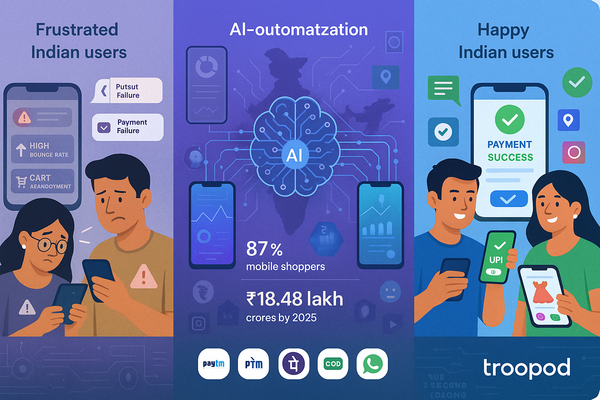 AI-powered mobile CRO transformation in India showing problems, AI optimization, and successful seamless shopping.